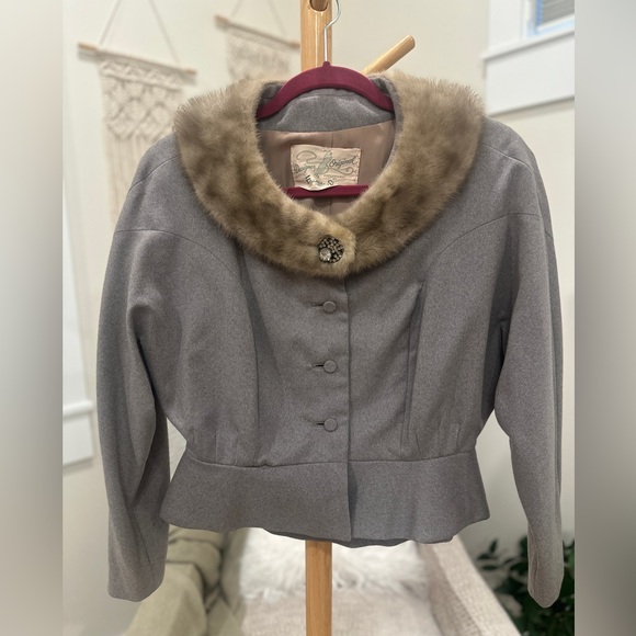 Vintage Frances Shop Gray Wool Suit Set Real Mink Fur Collar Jacket & Skirt S - Picture 2 of 16